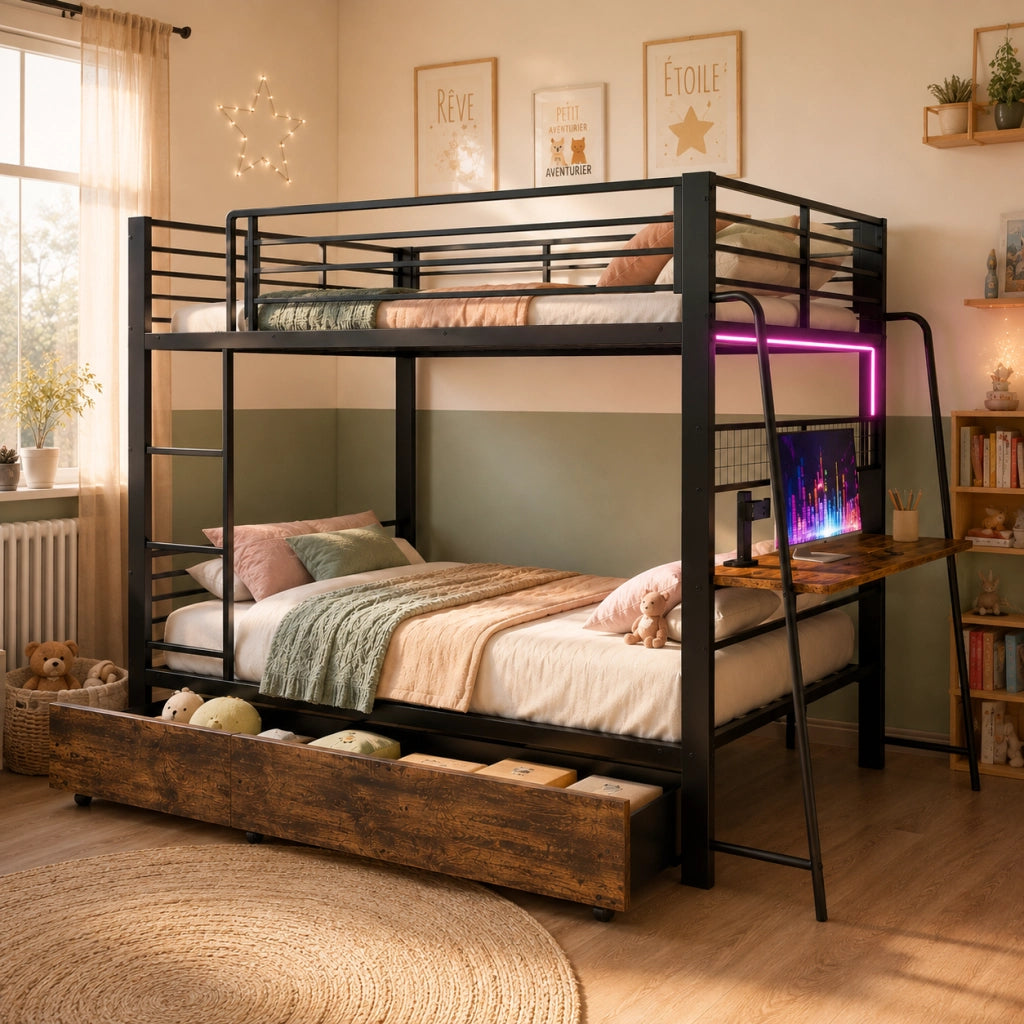 Letto a soppalco 90 × 200 cm con scrivania LED cassetti in metallo e MDF nero