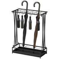 Portaombrelli con Vaschetta per l'Acqua, 21 Fori e 24 Ganci per Ombrello, in Acciaio, 50x24x68 cm, Nero