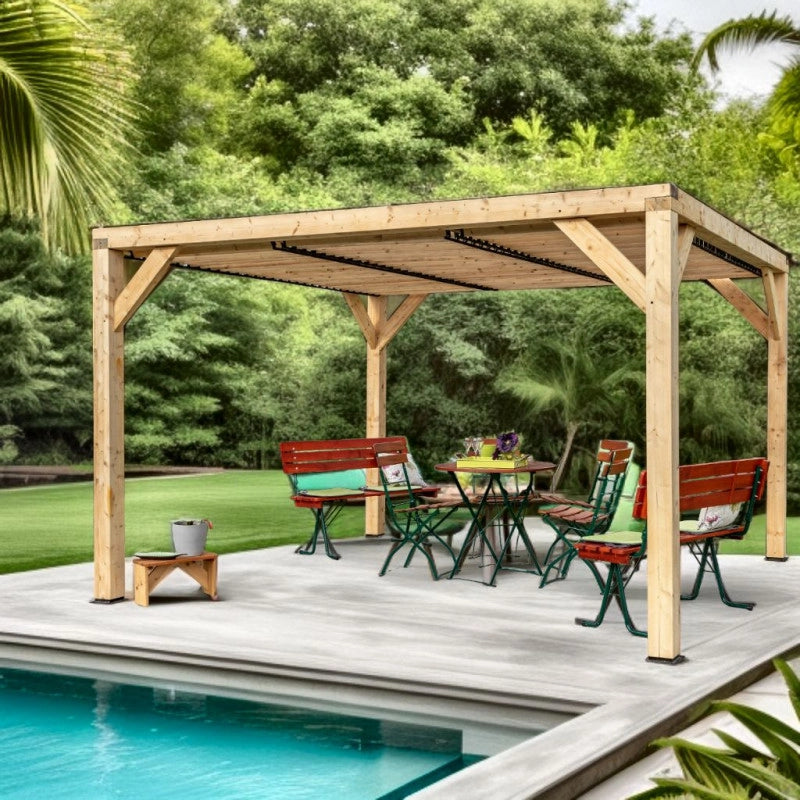 Pergola da giardino in legno lamellare 340x312 cm – gazebo con tetto a ventelle orientabili – pali 120x120 mm – VT3431T Foresta