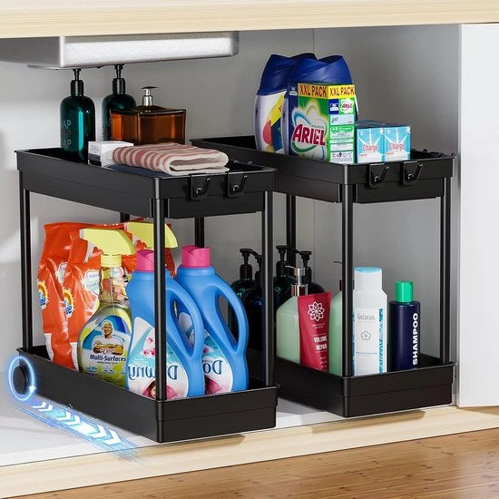 Organizzatore per lavastoviglie, organizzatore per armadio cucina in acciaio inossidabile, 2 pezzi sotto il lavandino, organizzatore sottoarmadio con 4 ganci, mensola per cucina, bagno, armadio, tavolo - nero