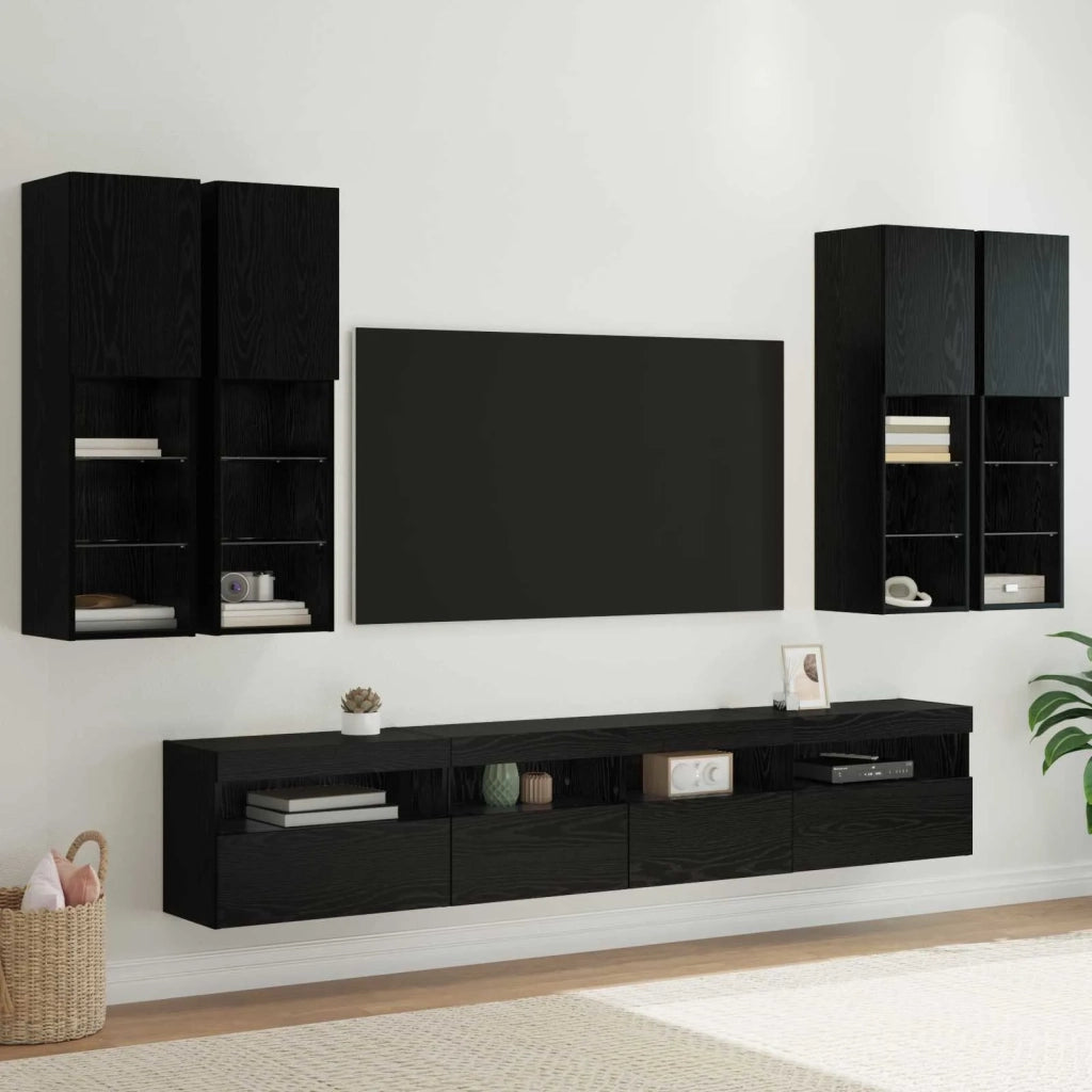 Set Mobile TV a Muro con Luci LED con led 7 pcs Rovere Nero 3402796