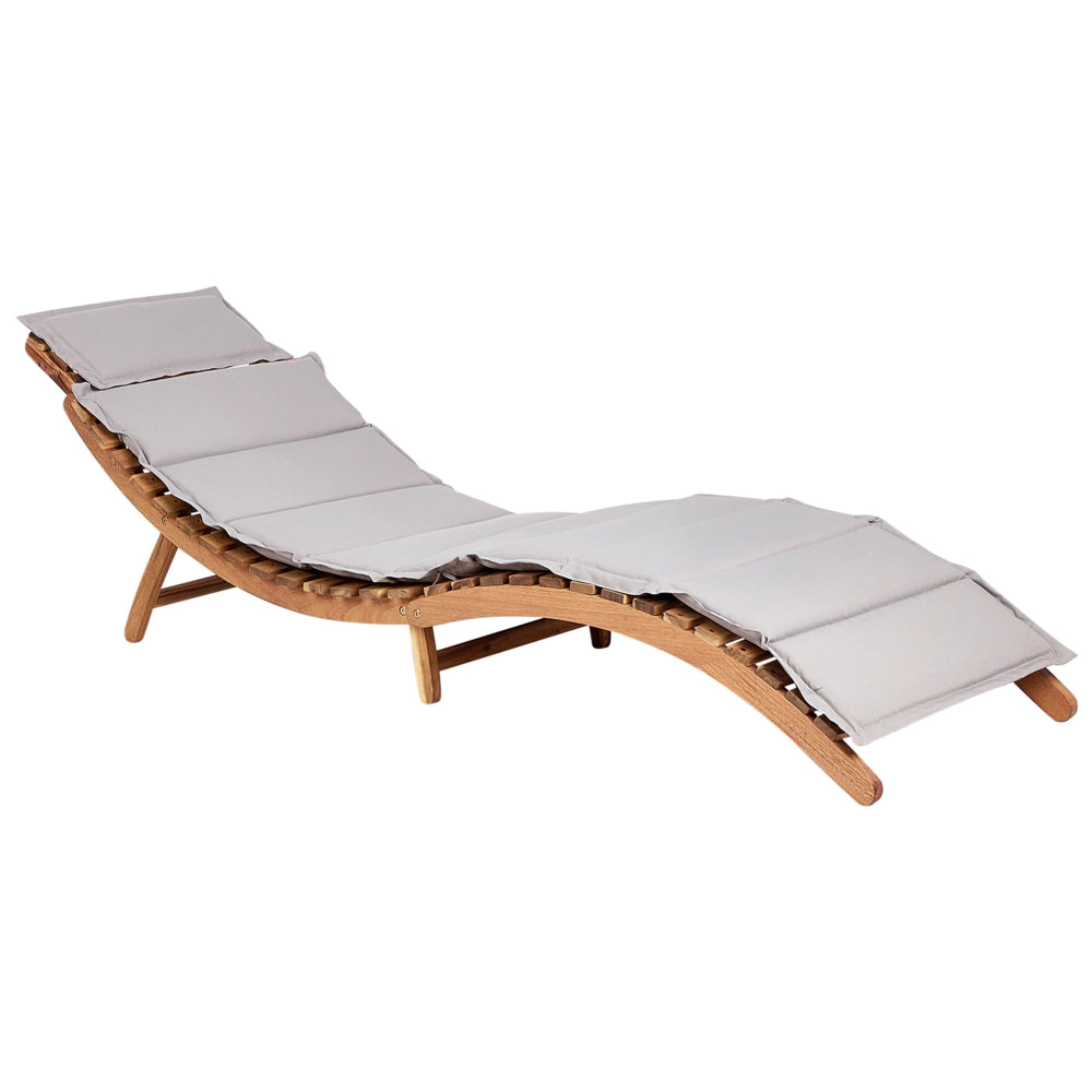 Lettino da sole in legno di acacia chiaro Cuscino Grigio Design a doghe Pieghevole Caratteristica Forma curva Giardino Patio Balcone