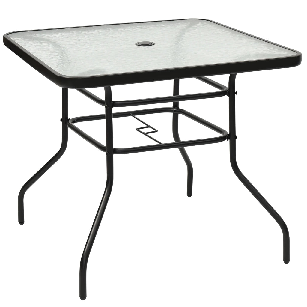 Tavolo da giardino quadrato in vetro temperato 81 x 81 x 71 cm con pratico ombrellone e design moderno in metallo nero 20_0020830