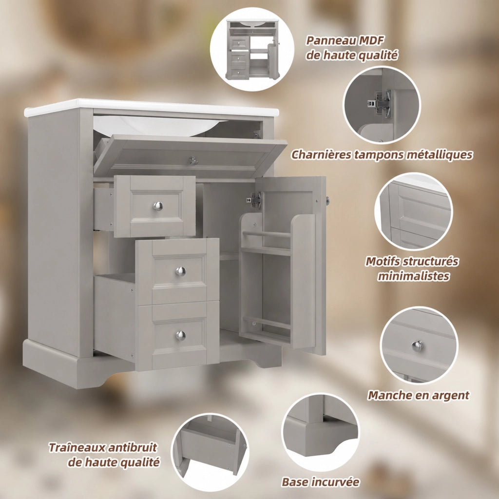 Mobile lavabo da bagno a pavimento 76x46x87 cm grigio con lavabo in ceramica, 2 cassetti, ripiano regolabile e chiusura ammortizzata