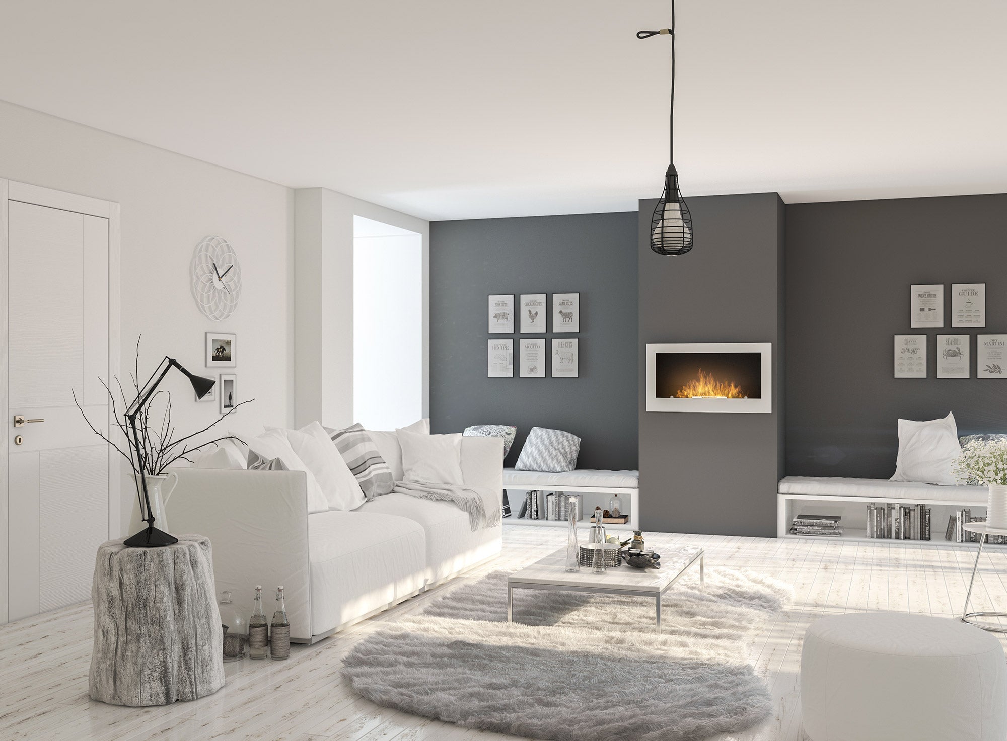 Camino a Bioetanolo da Parete 90x50 cm Inside 900 Bianco con Vetro