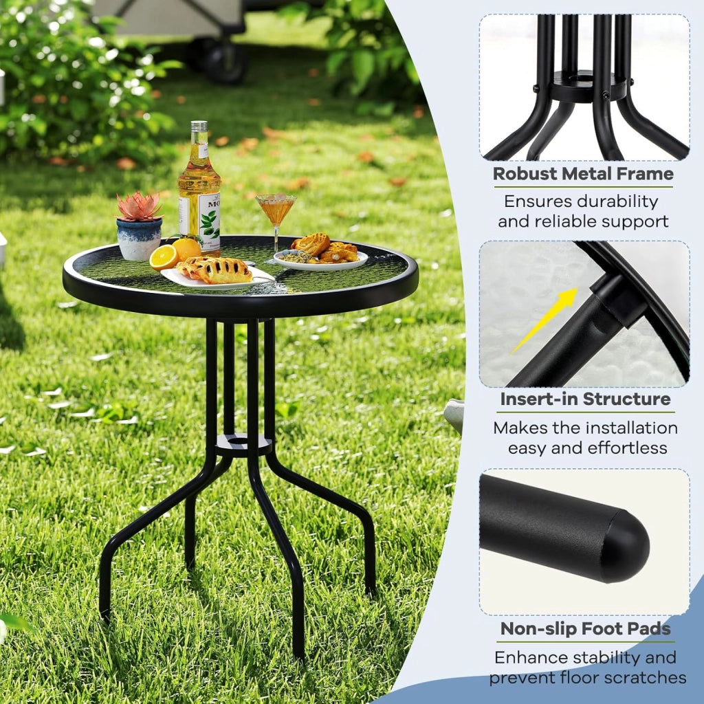 Tavolo da giardino in vetro temperato, tavolo da pranzo con foro per ombrellone, 4 cm, tavolino rotondo con telaio in metallo, per balcone, terreza, diametro 70 cm