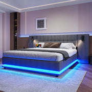 Letto Imbottito Matrimoniale con LED e USB ¨C MINIMAL ¨C Tessuto Grigio 180x200