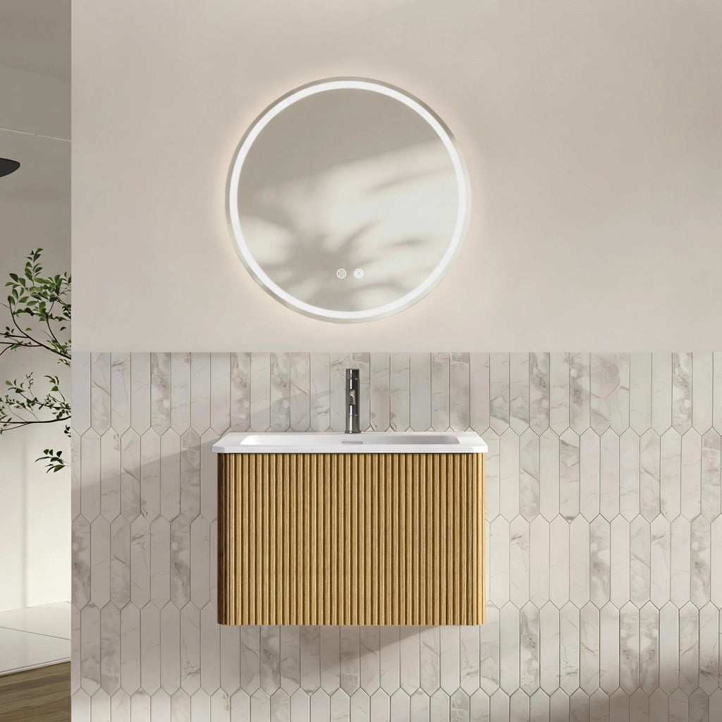 Set di mobili con lavamani sospeso con specchio LED regolabile e lavabo integrato effetto rovere