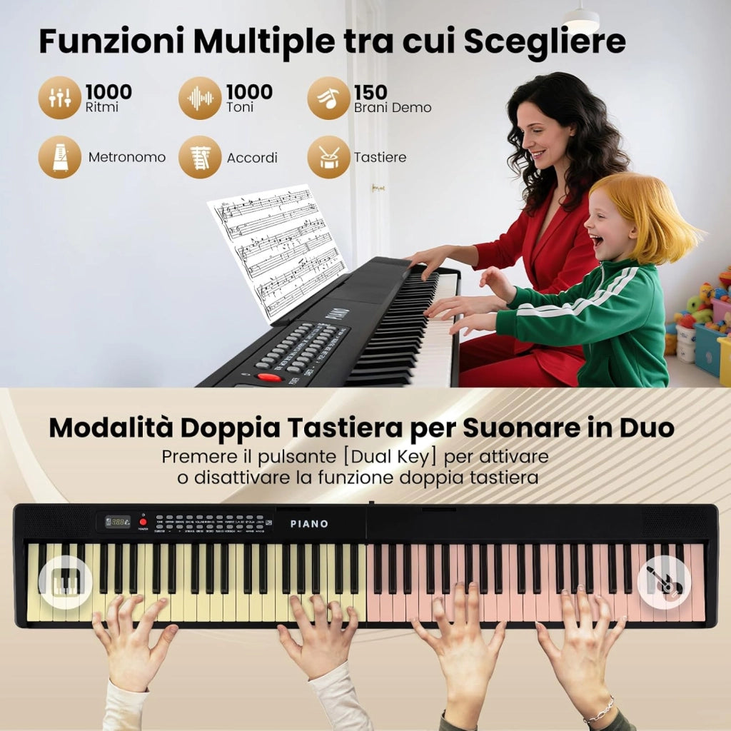 Pianoforte Digitale 88 Tasti, Tastiera Elettronica con 1000 Ritmi, 1000 Timbri, 150 Canzoni, Pianoforte Elettronica Pieghevole con Doppi Altoparlanti, MP3/USB/MIDI, per Principianti Bambini