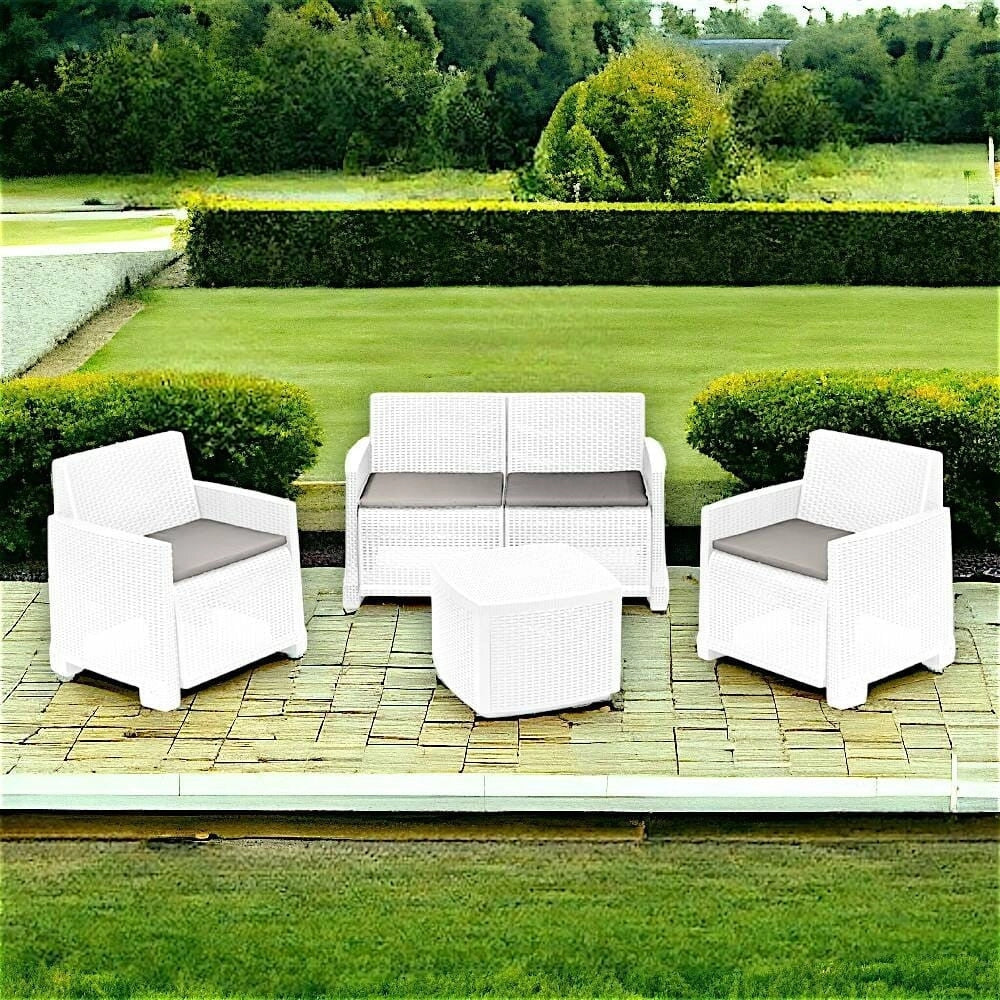 Trade Shop - Set Salotto Como Effetto Rattan Intrecciato Con Divano Poltrone Tavolino Contenitore - Bianco