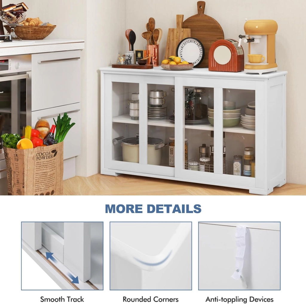 Mobile Buffet Dispensa Cucina con Ante Scorrevoli in Vetro Temperato e Ripiano Regolabile, Credenza Cucina, Armadietto a Buffet per Sala da Pranzo, Soggiorno, 107x33x64 cm (Bianco Puro)