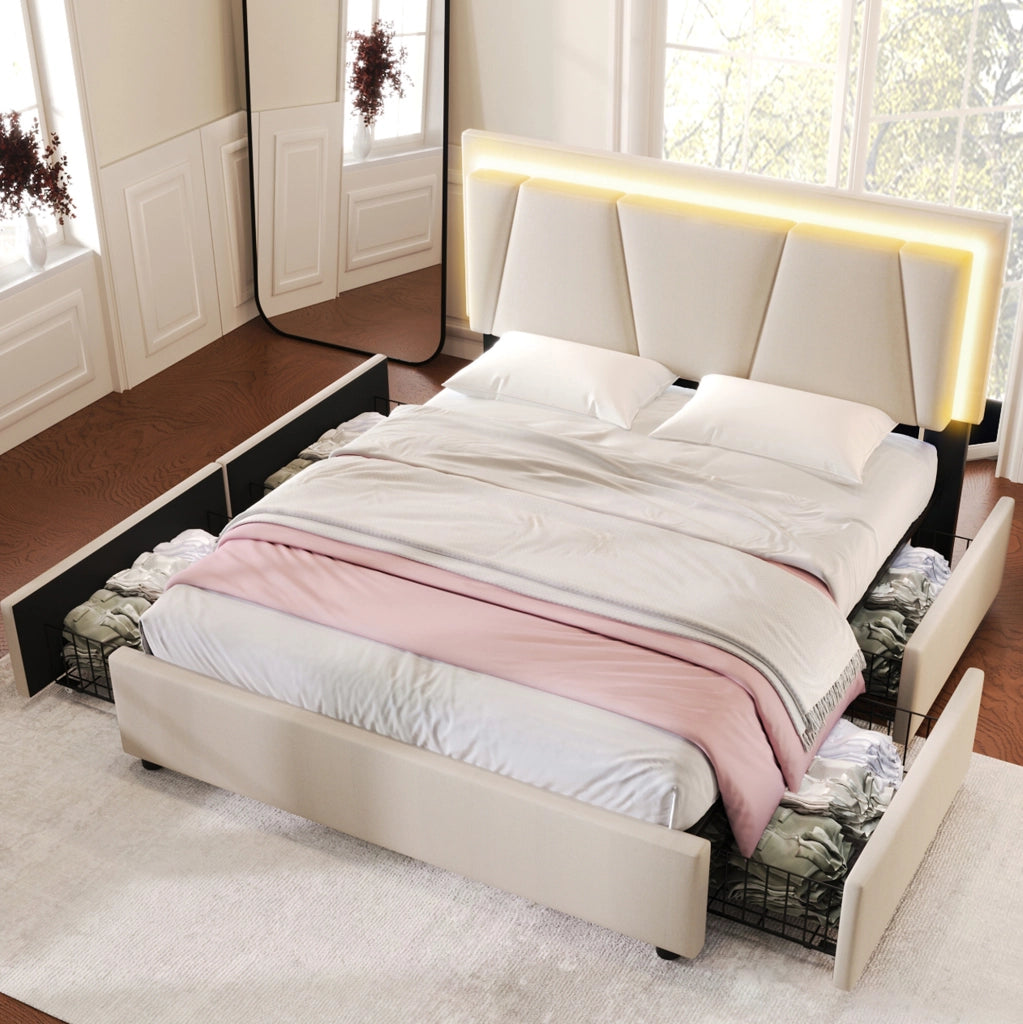 Letto matrimoniale 160x200 cm con LED; testiera regolabile e 4 cassetti; beige
