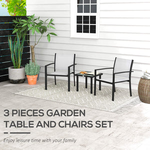 Set Tavolino con Piano in Vetro e 2 Sedie Impilabili da Giardino in Acciaio e Tessuto Grigio Chiaro