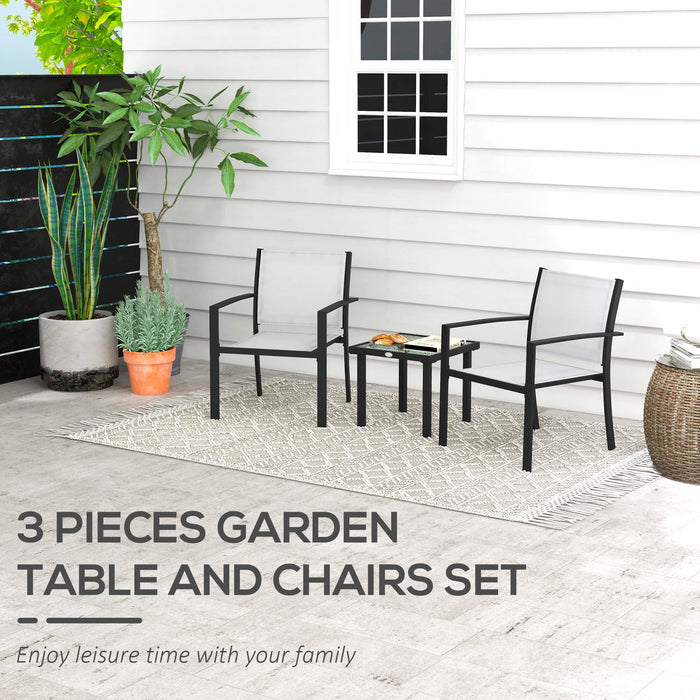 Set Tavolino con Piano in Vetro e 2 Sedie Impilabili da Giardino in Acciaio e Tessuto Grigio Chiaro