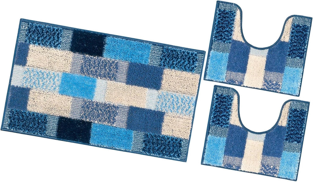 Tappeto Bagno Set 3 Pezzi Moderno Soffice Antiscivolo Assorbente Doccia Blu
