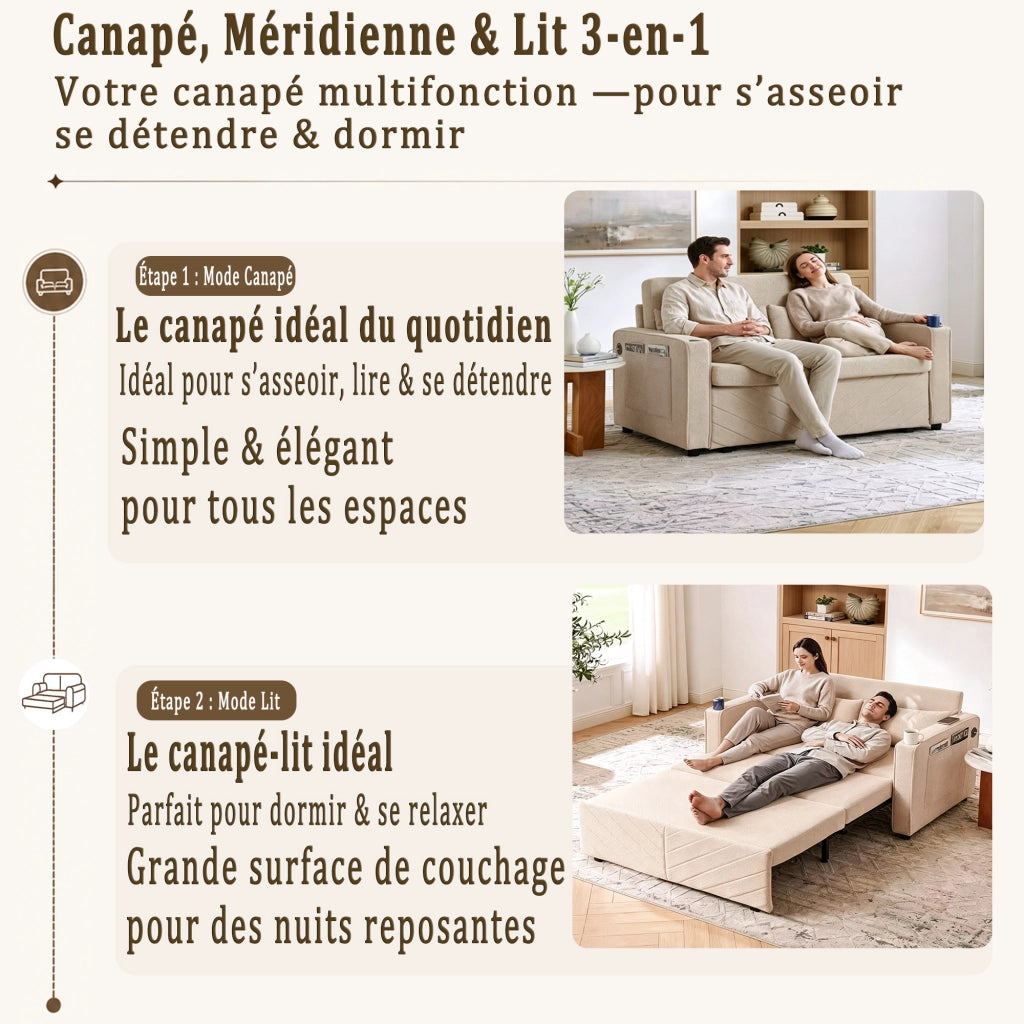 Divano letto 2 posti con trasformazione scorrevole e porte usb in legno e tessuto beige 195 × 134 × 73 cm