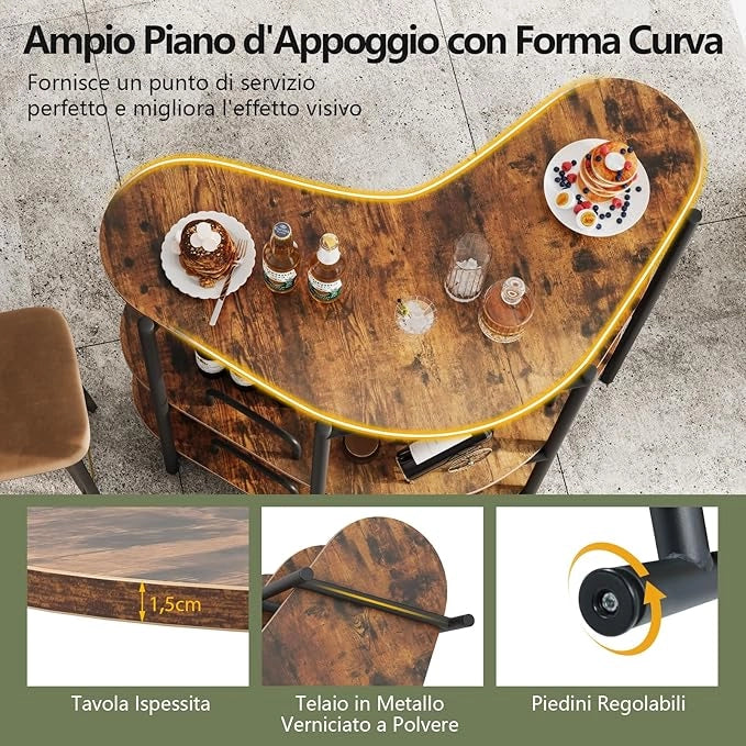 Tavolo da Bar 120 x 66 x 102 cm, Portabottiglie Vino a 3 Ripiani con Portabicchieri e Mensole di Stoccaggio, Isola Cucina Industriale per Bistro (Marrone)