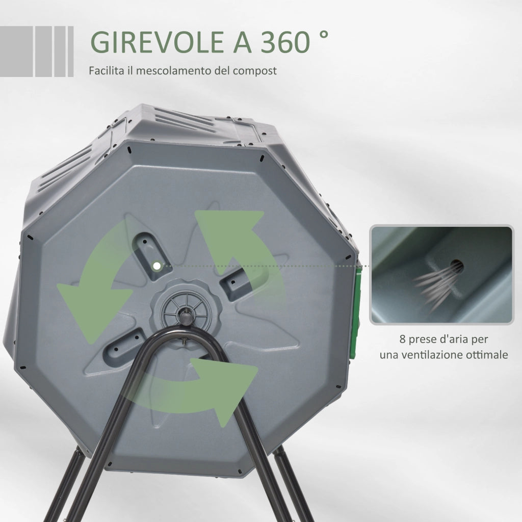Compostiera da Giardino Girevole a 2 Sezioni con 8 Prese d'Aria, in Acciaio e PP, 71x65x96 cm, Grigio