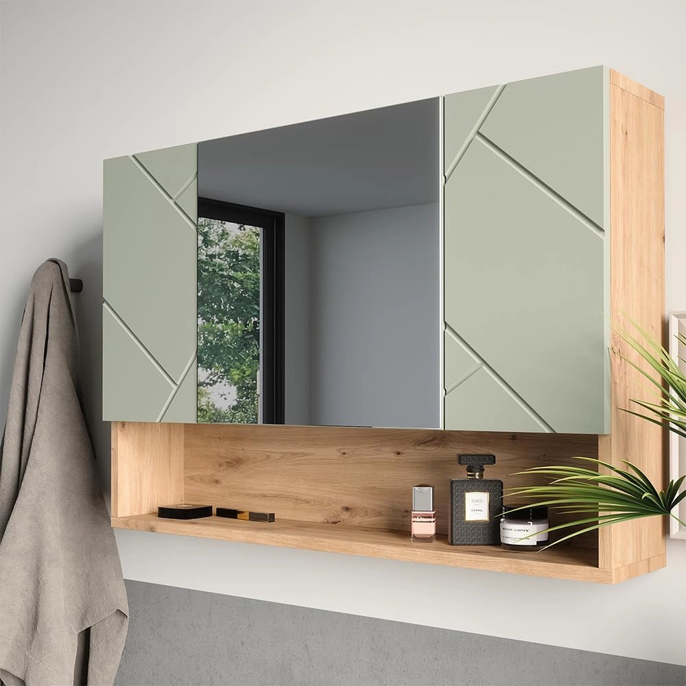 Specchio contenitore bagno Irma, Verde salvia, 80.1 x 55 cm, con specchio e ripiani aperti per montaggio a parete