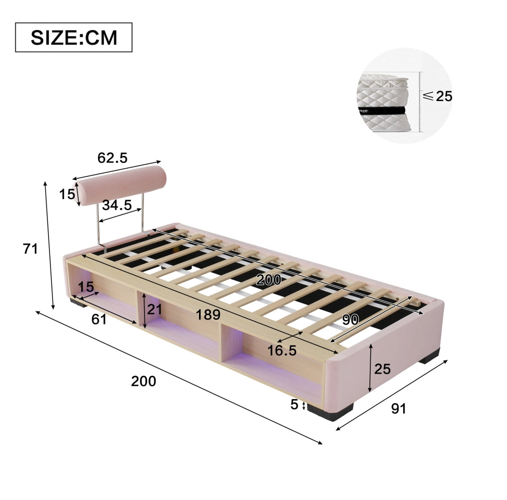 Letto imbottito 90x200 cm con libreria laterale LED e contenitore in velluto rosa