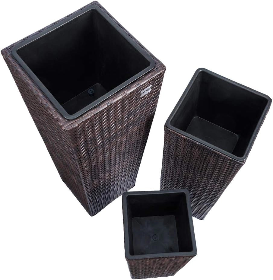 Deuba CASARIA® Set di 3 Vasi da Fiori in Polyrattan Intrecciato con Sottovaso e Foro Deflusso Acqua Richiudibile Vaso per Piante Effetto Rattan da Esterno Giardino Fioriere Fioriera
