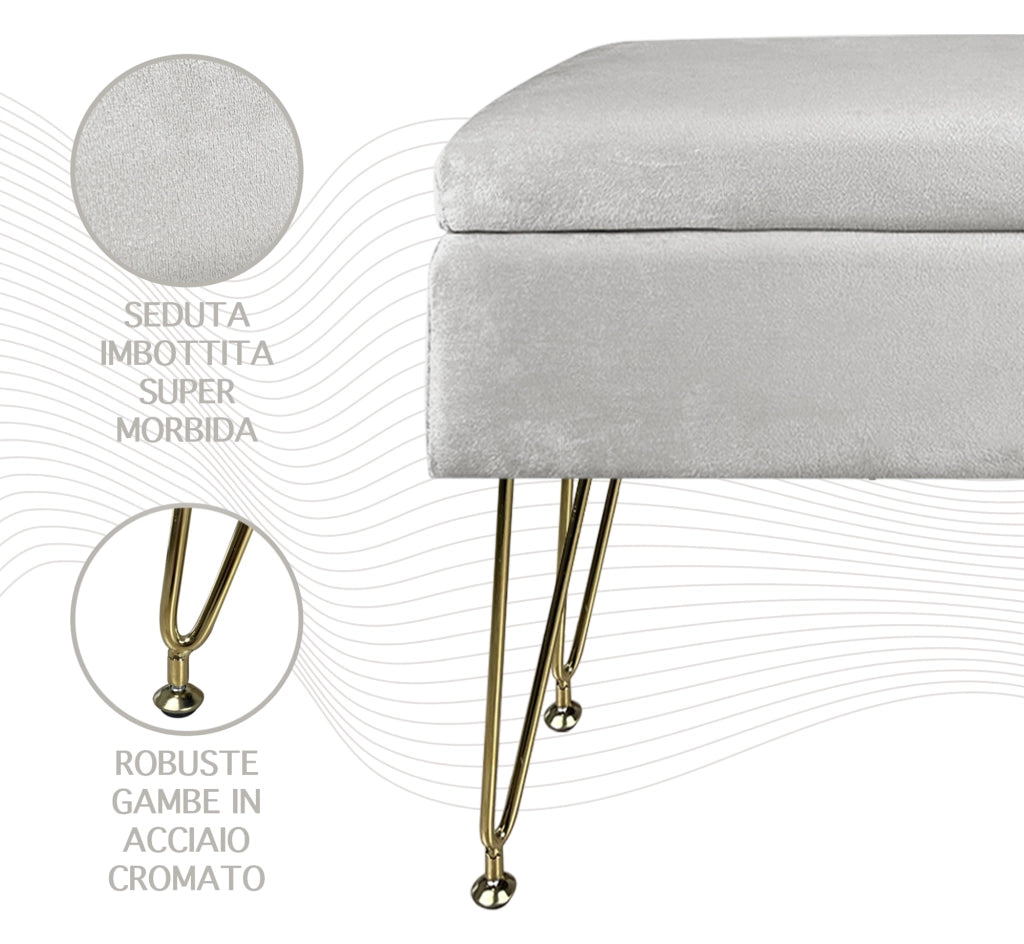 Pouf Panca Imbottita Divanetto In Velluto Contenitore PortaOggetti Panca Sgabello A Pie Di Letto Con Gambe In Metallo Dorato Cassapanca Scarpiera Ingresso Legno Massello Panchina  - Grigio chiaro