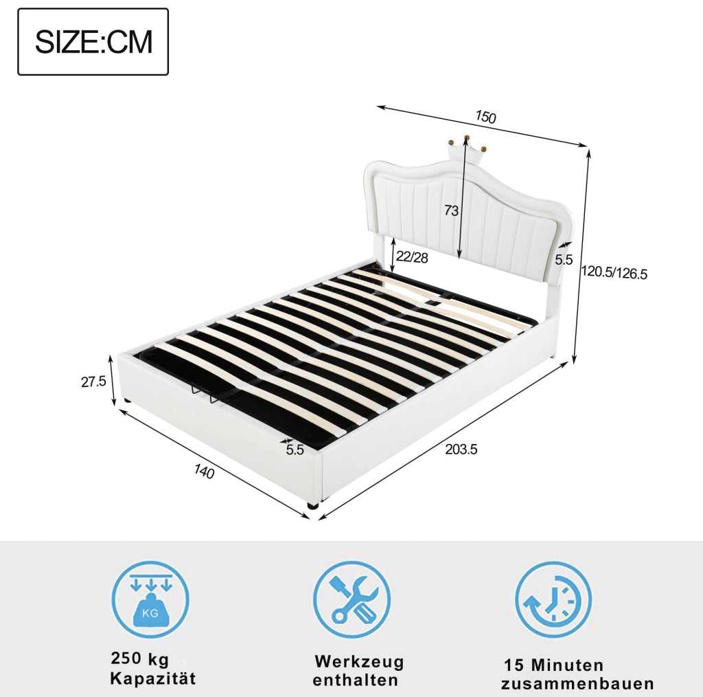 Letto imbottito per bambini 140x200 cm con LED e contenitore