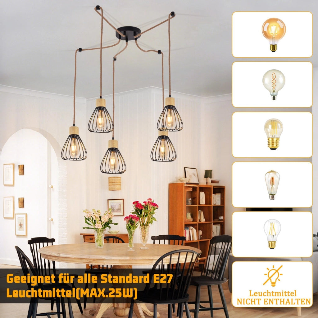 Lampada a Sospensione ZMH nera retro in corda di canapa e legno E27 per sala da pranzo
