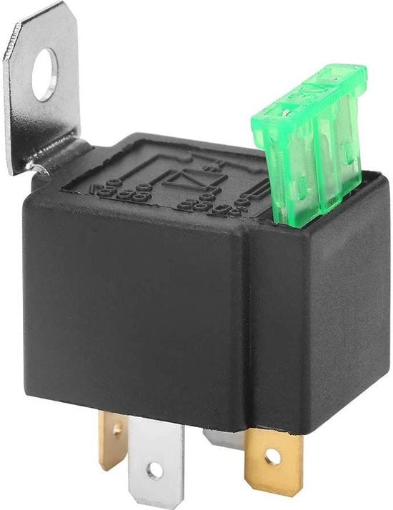 Relè universale a contatto aperto con bloccaggio serratura, relè in scatola con protezione di cortocircuito, nero, 4-pins, 12V DC, 30A