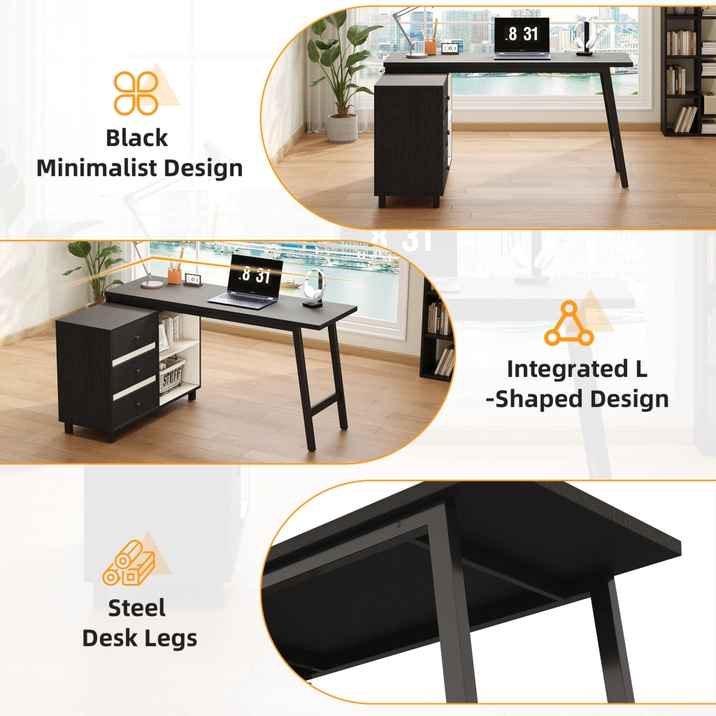 Scrivania angolare con 3 cassetti e 2 vani aperti in MDF e acciaio per ufficio e studio nero bianco 150 × 100 × 76 cm