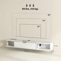 Mobile TV sospeso, per televisori fino a 127 cm, cassetto ribaltabile, 2 ripiani 120x24x16cm, Bianco