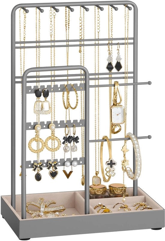 Sieradenstandaard con supporto per catene, anelli e orecchini, metallico con contenitore in velluto, ideale per regali. JJS021G01