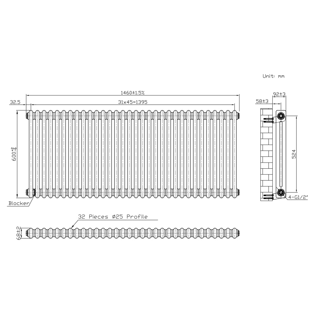 Radiatore 2 Colonne Orizzontale Metallo Grezzo 600 x 1460 mm TRV