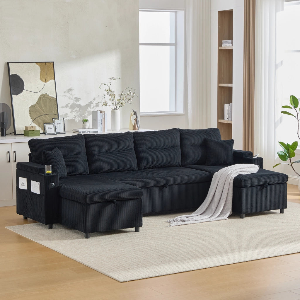 Divano a 4 posti con doppia chaise longue; contenitore; portabicchieri e USB Type-C; nero