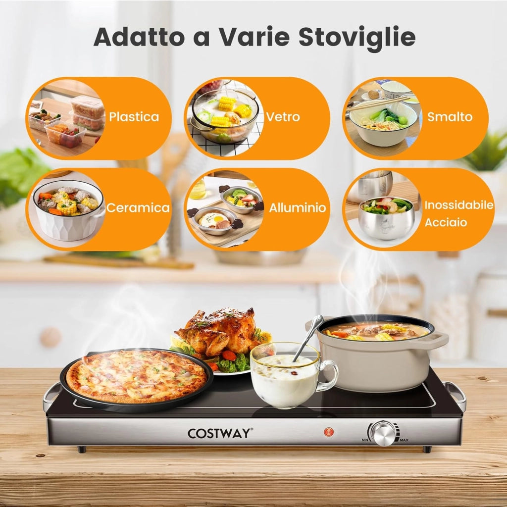 Vassoio Scaldavivande Elettrico, Vassoio Riscaldante in Acciaio Inox con Piano in Vetro Resistente alle Alte Temperature, Maniglie Antiscottatura, per Casa e Festa