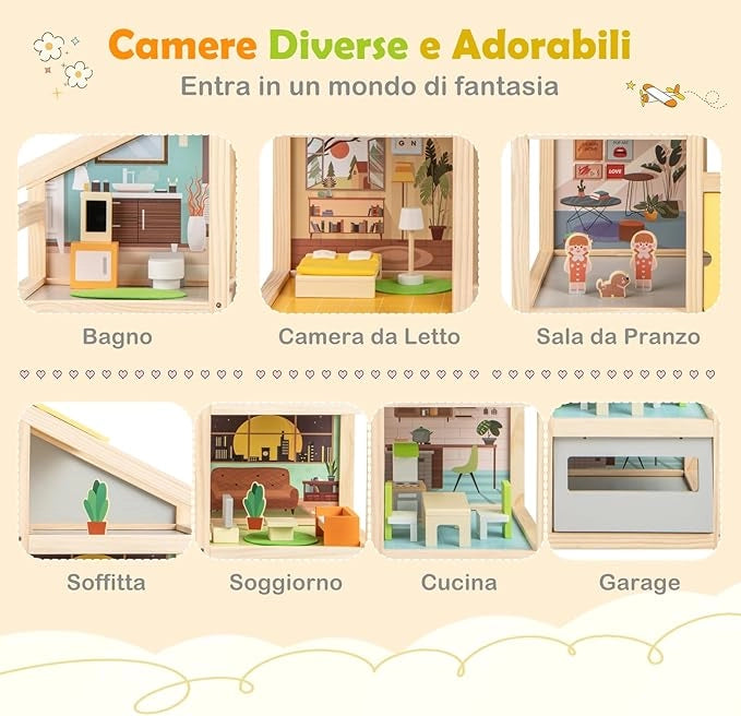 Casa delle Bambole in Legno, Casa Bambole con 4 Piani, 7 Stanze, Garage e Scale, Casetta Giocattolo Educativo con 18 Mobili Accessori e 3 Figure, per Bambini 3+ Anni, 60 x 30 x 75 cm
