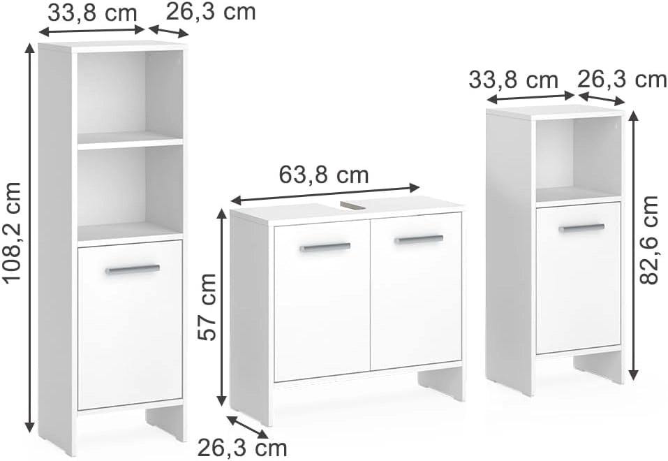 Set di mobili da bagno Karli, Bianco, 63.8 cm, composto da mobile sottolavabo, specchiera e colonna alta