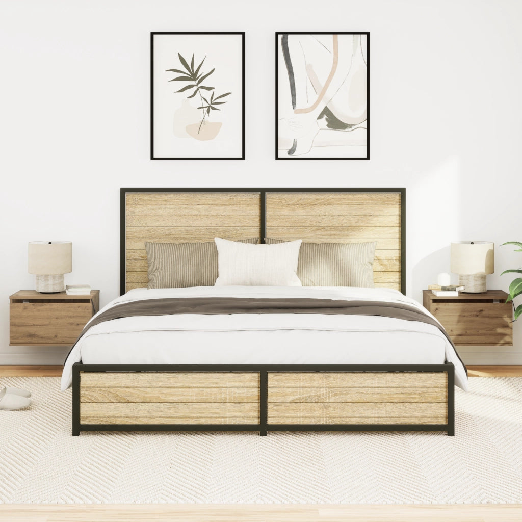 Comodini con luci LED 2 pezzi a muro in rovere artigianale
