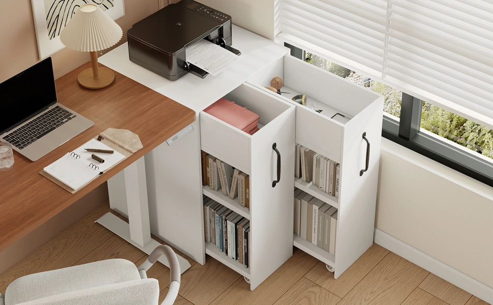 Libreria mobile con 1 cassetto e 2 ripiani, reversibile, con ruote, per soggiorno e bagno, bianco, 52 × 50 × 75 cm