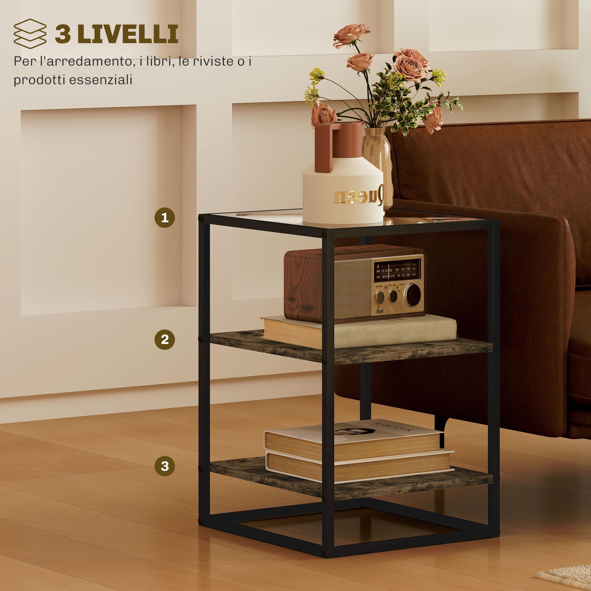 Set 2 Tavolini a 3 Livelli in Legno e Metallo con Piano in Vetro Temperato 37x40x55,5 cm Marrone