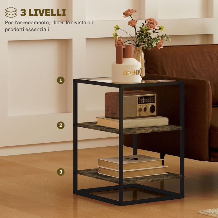 Set 2 Tavolini a 3 Livelli in Legno e Metallo con Piano in Vetro Temperato 37x40x55,5 cm Marrone