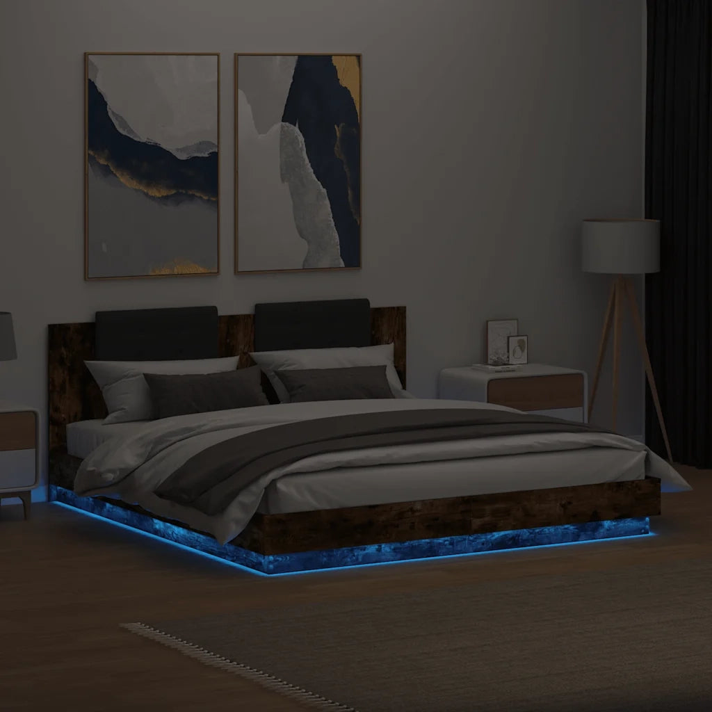 Giroletto con Testiera e LED Rovere Fumo 180x200 cm 3209993