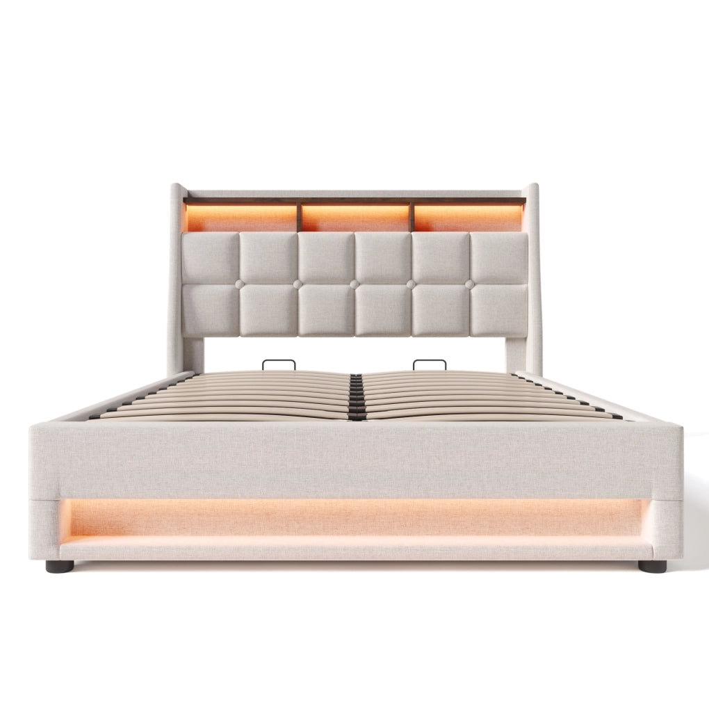 Letto imbottito beige chiaro 160 x 200 cm con LED, USB e contenitore