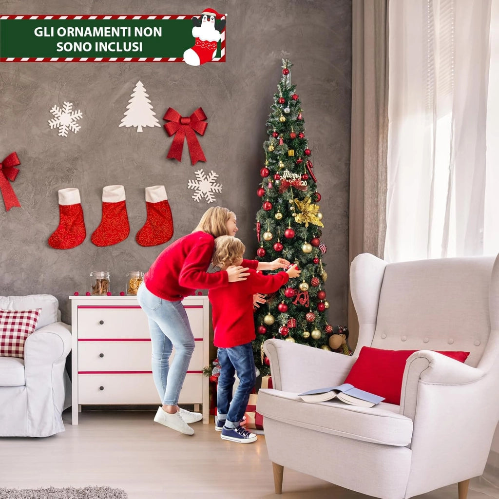 Albero di Natale Mezzo 210 CM, Albero di Natale Artificiale Metà con 150 Luci LED Incorporate, 403 Rami in PVC e Base Pieghevole in Metallo da Casa, Ufficio e Negozio