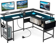 Scrivania da Gaming Angolare, Scrivania per Computer con Luci LED, Prese di Corrente, Supporto per Monitor, Gancio e Ripiani, Postazione di Lavoro ad Angolo