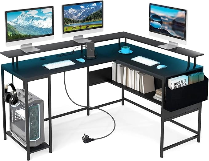 Scrivania da Gaming Angolare, Scrivania per Computer con Luci LED, Prese di Corrente, Supporto per Monitor, Gancio e Ripiani, Postazione di Lavoro ad Angolo