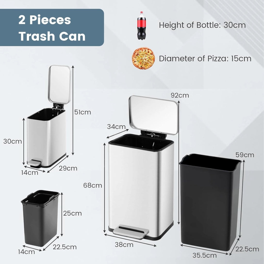 Set di 2 Bidoni per Cucina, 40 L + 6 L, con Coperchio e Pedale per Pedale, Pattumiera a Pedale con Secchio Interno Rimovibile, in Acciaio Inox