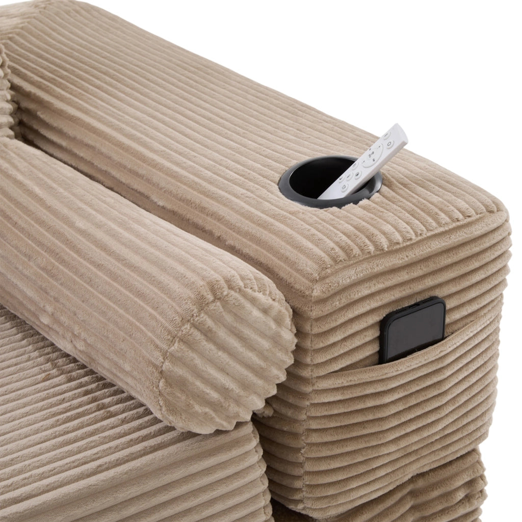 Divano convertibile modulare con cuscini in memory foam, tasche laterali e portabicchieri, in tessuto a coste khaki