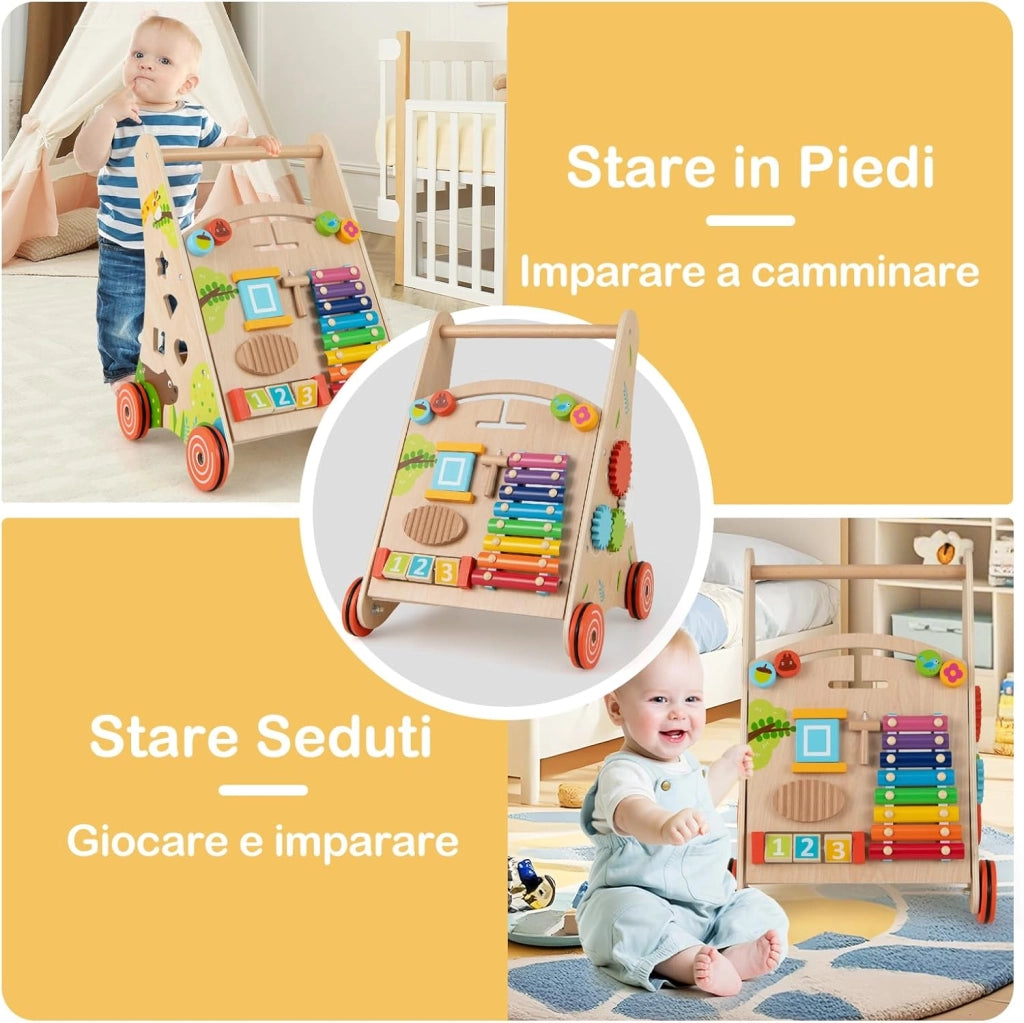 7 in 1 Girello per Bambini in Legno, Carrellino Primi Passi con Manico, Contenitore e Ruote, Giocattolo Montessori da Spingere e Tirare, Gioco Educativo per Bambini 3 + Anni (Modello 2)