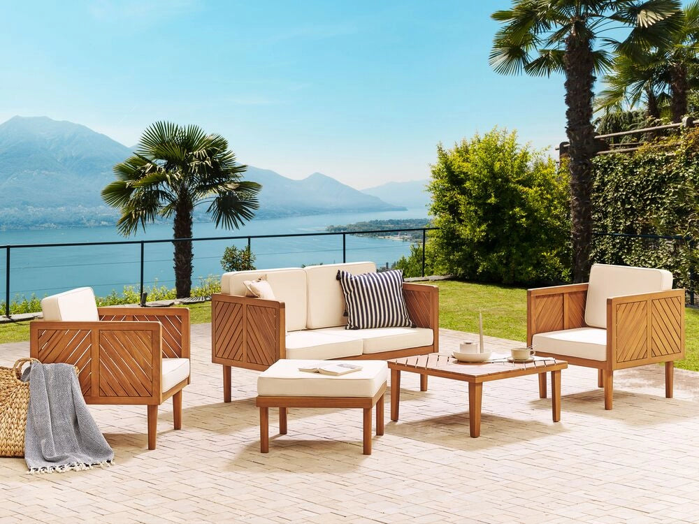 Set divani da giardino in legno di acacia cuscini beige chiaro 4 posti design moderno set conversazione per esterni